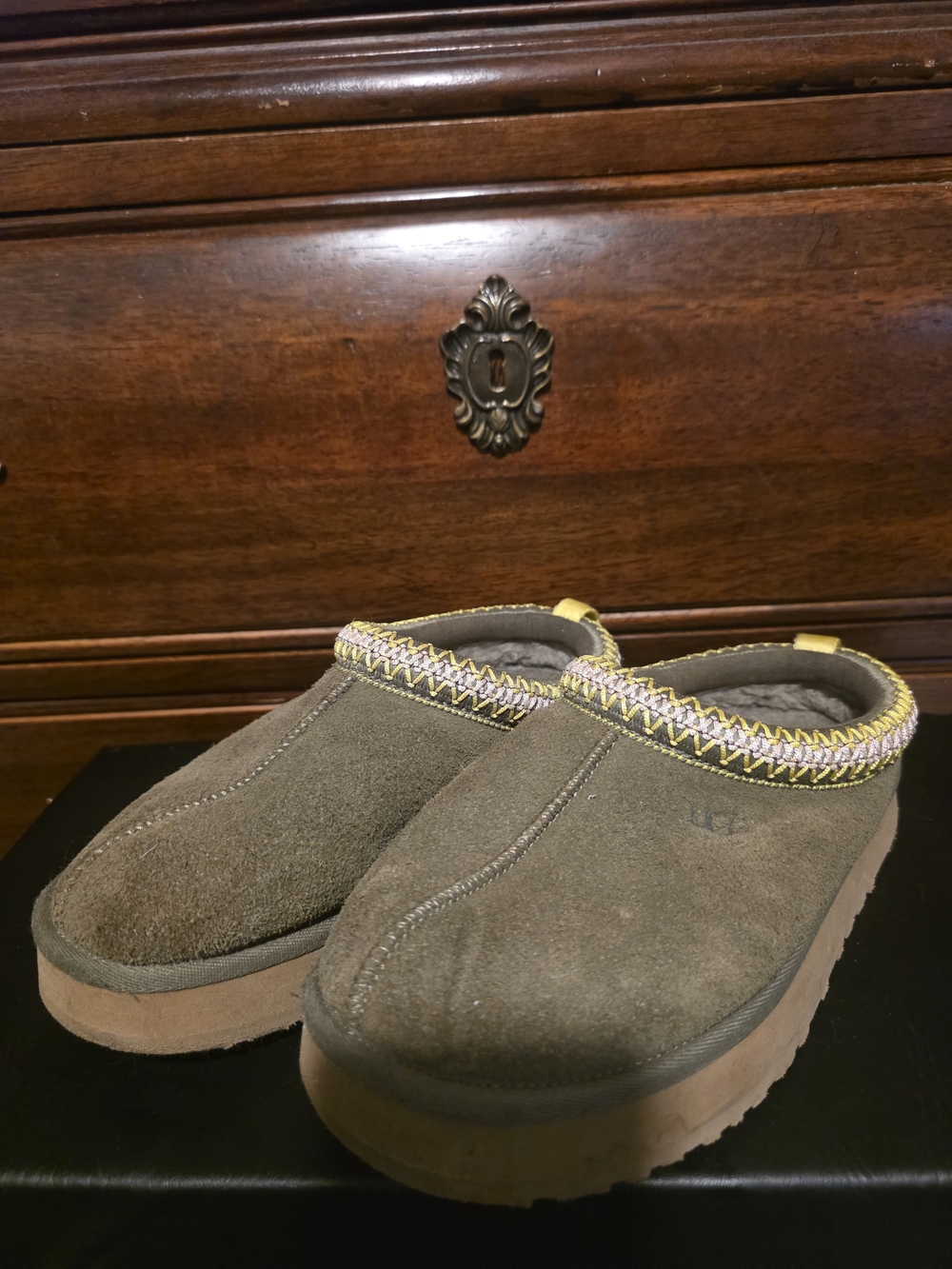 Kid's Slip-On Suede Clog in Olive with Contrasting Trim